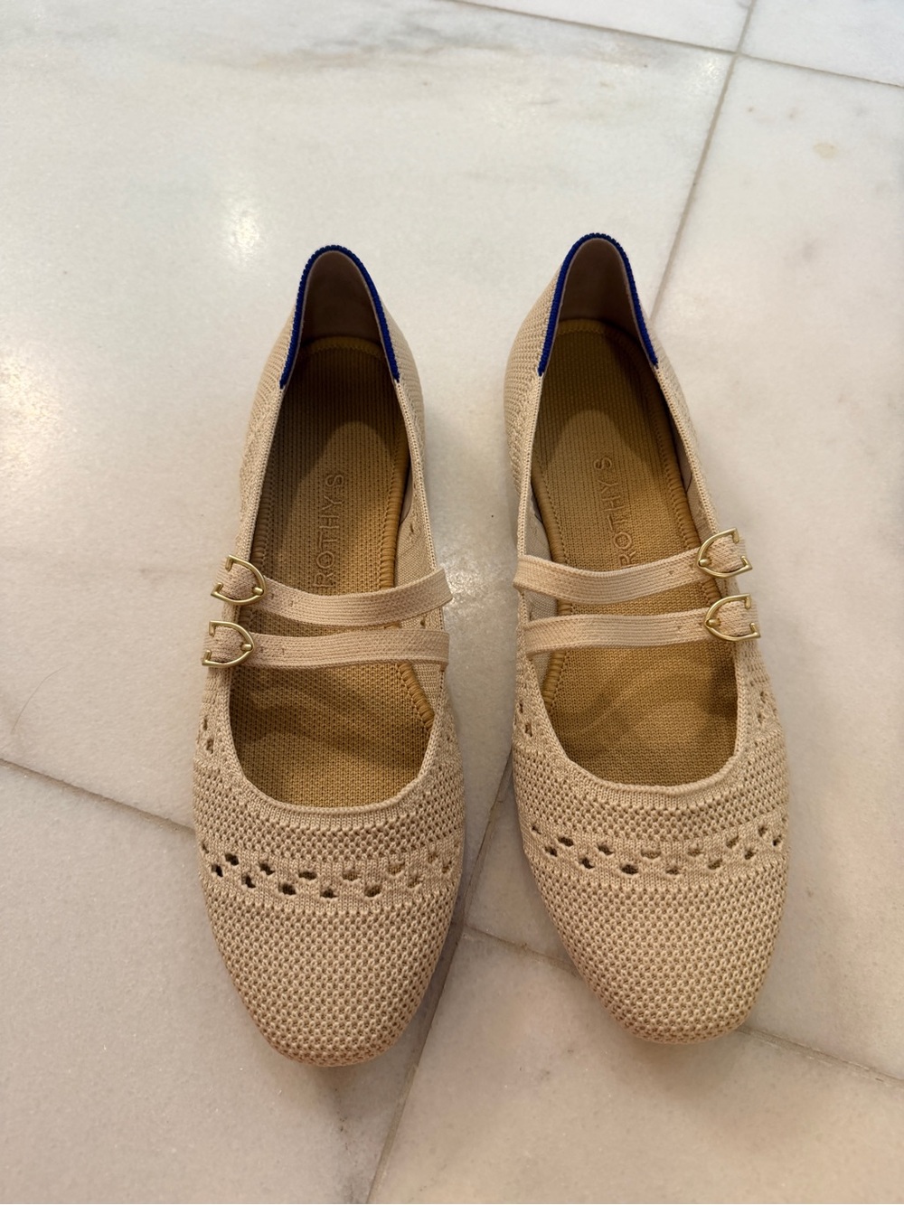 Rothy's Knit Double-Strap Mary Jane Flats in Beige. New without tags